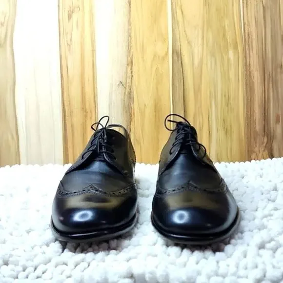JOHN VARVATOS BLACK LEATHER WINGTIP OXFORDS CUSTOM DYED JET 
